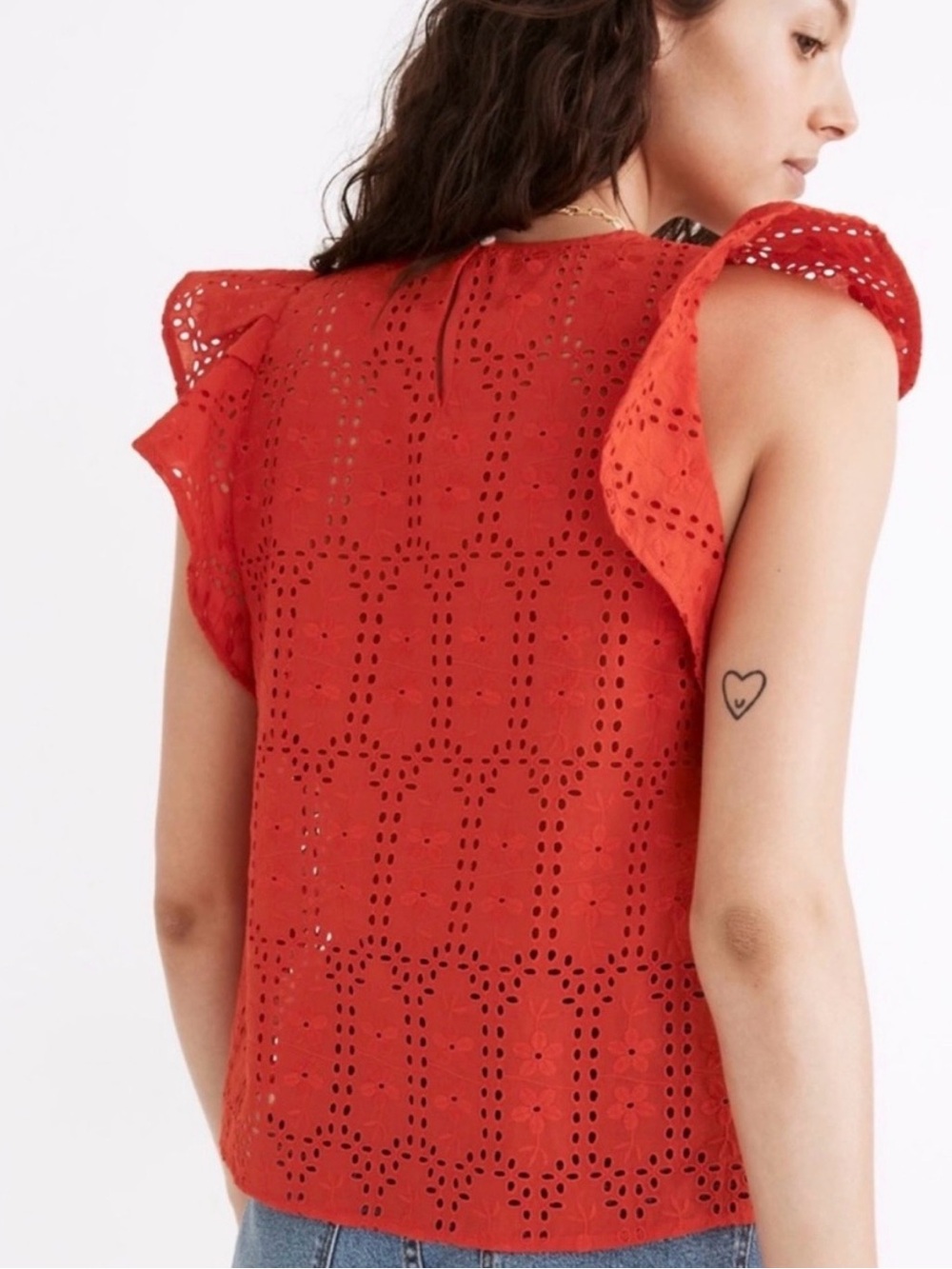 Madewell Orange Eyelet Flutter Sleeve Cotton Blouse Medium - Picture 4 of 9